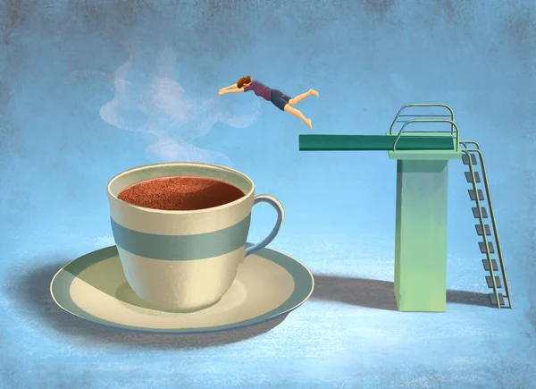 Girl Jumping Platform Cup Coffee Digital Illustration — Stock Photo, Image