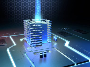 Veri işlemek için kullanılan yüksek teknoloji bileşenleri. Dijital illüstrasyon.