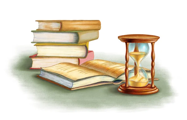 Час Читати Концептуальне Зображення Пісочного Годинника Стоїть Перед Деякими Книгами — стокове фото