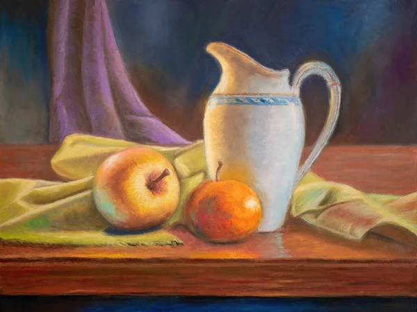 Still Life Fruit Pitcher Some Drapery Traditional Painting Paper — Foto de Stock