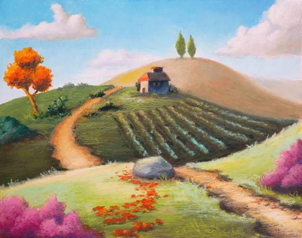 Paysage Rural Imaginaire Avec Une Végétation Colorée Illustration Originale Pastel — Photo