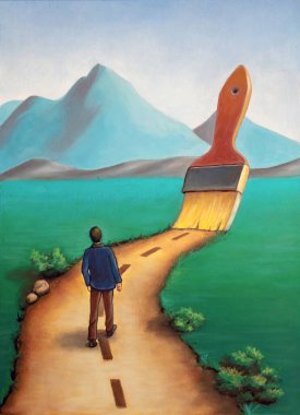 Painting a new road in a green landscape. Conceptual image about creating new opportunities. Traditional illustration.