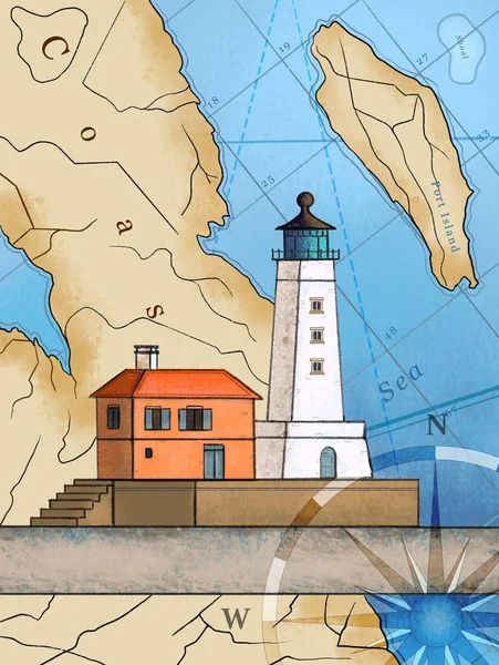 Vintage Drawing Lighthouse Building Nautical Map Digital Illustration — Stockfoto