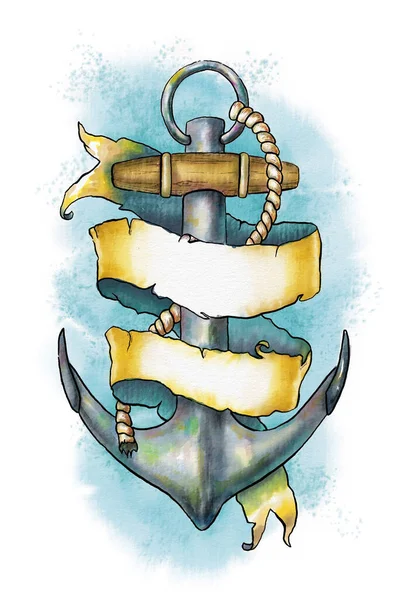 Nautical Themed Composition Anchor Banner Digital Watercolor — Stok fotoğraf