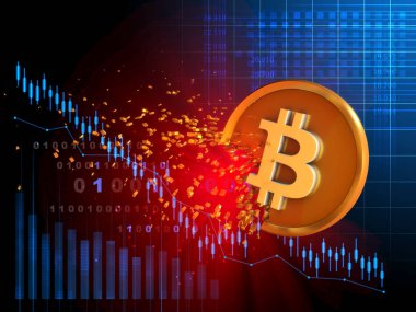Bitcoin disintegrating as its value falls. Digital illustration.