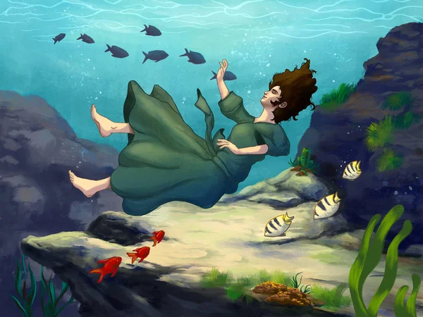 Girl Floating Peaceful Underwater Landscape Digital Illustration — Stock Photo, Image