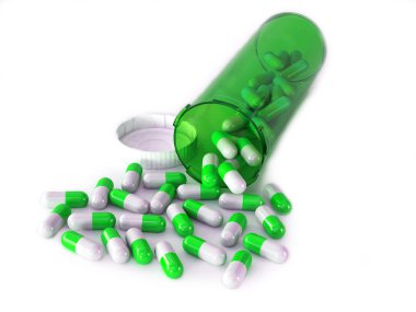 medical background of a bottle and pills