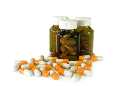 medical background of a bottle and pills