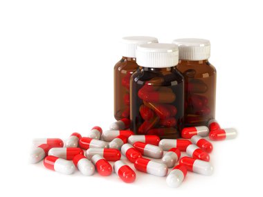 medical background of a bottle and pills