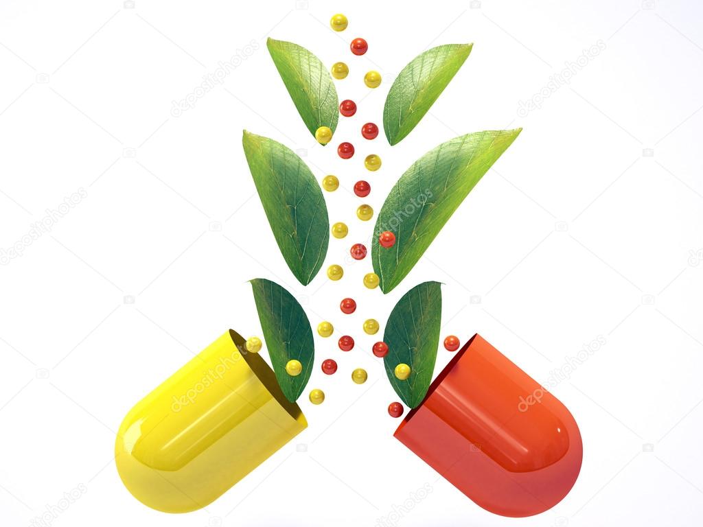 medical herbal pills on white background