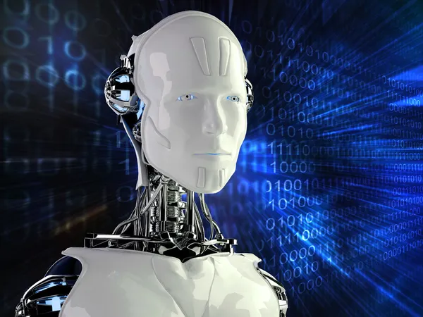 Robot android ile bilgisayar arka plan — Stok fotoğraf