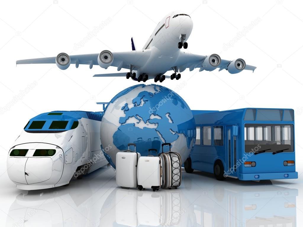 Travel composite with plane , suitcase , globe , bus and train