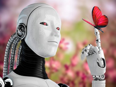 Kelebek doğada robot android kadınla