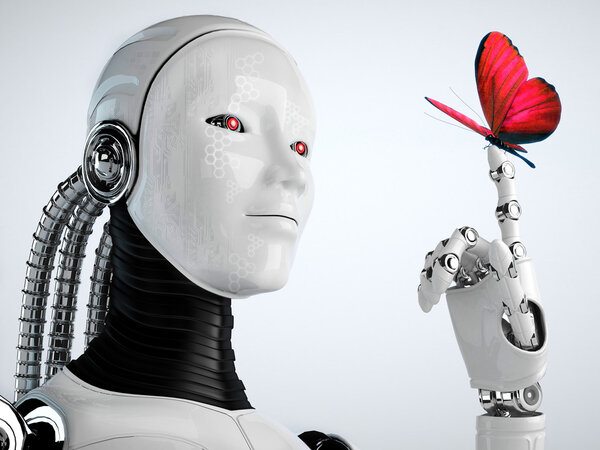 Robot android woman with butterfly in nature
