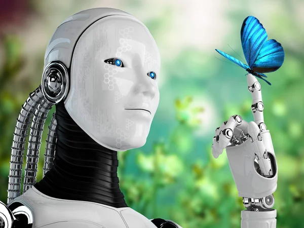 Женщина-робот-андроид с бабочкой в природе — стоковое фото
