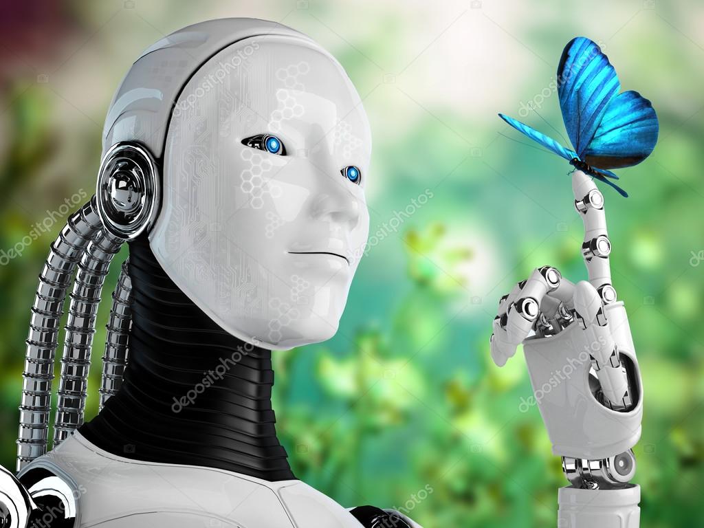 Robot android woman with butterfly nature Stock Photo by 34785477