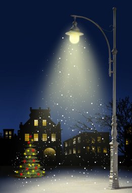 Bir Noel ağacı ve bir lamba ile gece, düşen kar