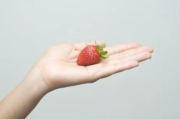 Hand holding a single strawberry — Stock Photo, Image