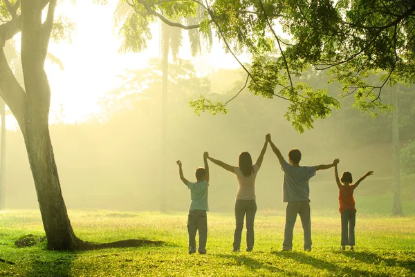 Una familia asiática saltando en alegría — Foto de Stock