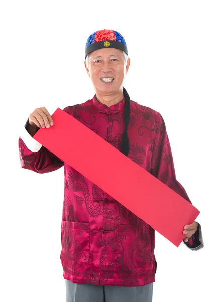 Asian senior chinese man celebrating lunar new year, holding lu — Stock Photo, Image