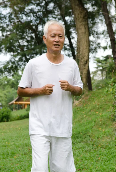 Asian senior male jogging outdoor park — Stock Photo, Image