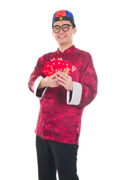 Happy Southeast Asian Chinese male in cheongsam hands — Stock Photo, Image