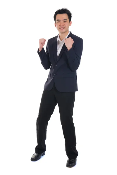 Asian chinese business male jumping celebrating success with iso — Stock Photo, Image