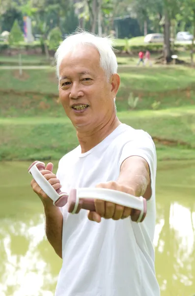 Kinesisk asiatisk seniormann med sunn livsstil som trener i en park – stockfoto