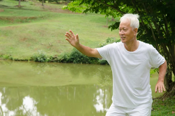 Asiatique senior mâle séance d'entraînement dans le parc — Photo