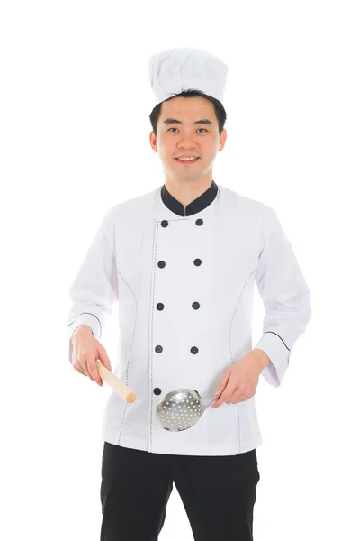 Asiático masculino chef com isolado branco fundo — Fotografia de Stock