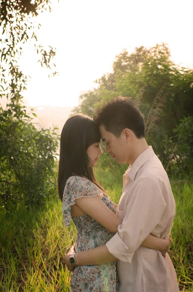 Asian chinese romantic couple in the park during sunrise — Stock Photo, Image