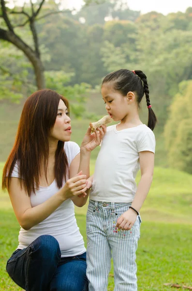 Ásia chinês menina alimentando ela mãe no ao ar livre verde parque — Fotografia de Stock