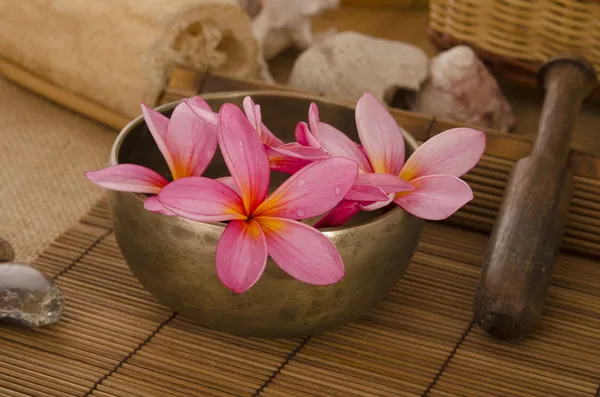 Installation de spa tropical avec fleur frangipani traditionnelle et massag — Photo