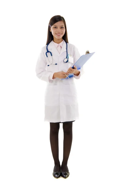 Ásia feminino médico escrita isolado no branco fundo — Fotografia de Stock