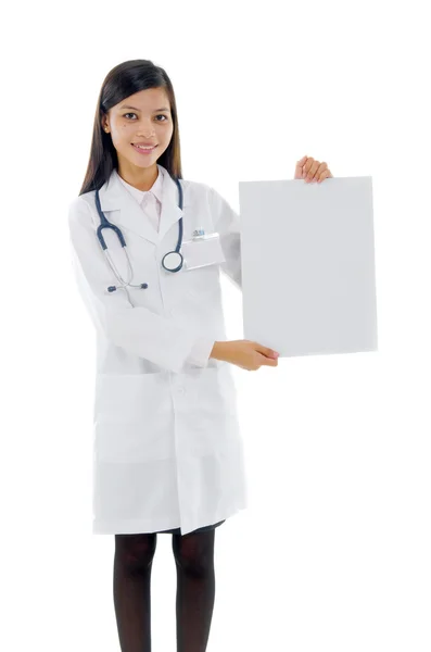 Asian female doctor portrait with cardboard isolated on white ba Stock Image
