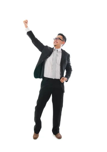 Empresário alegre dançando em sucesso sobre um fundo branco — Fotografia de Stock