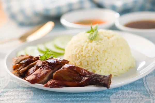 Canard BBQ chinois sur riz cuit à la vapeur — Photo