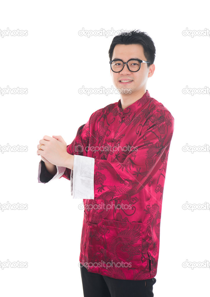 happy Chinese new year. young Asian man with gesture of congratu