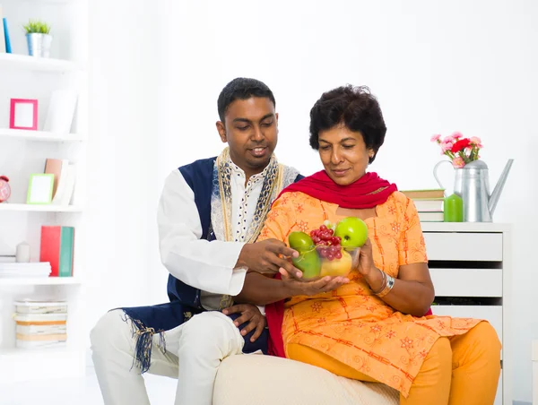 Healthy indian mother and son dining — Stock Photo, Image