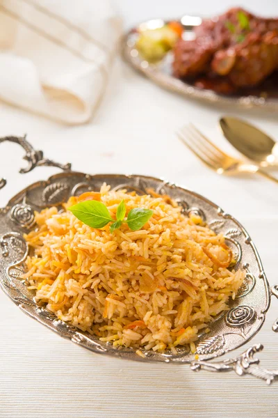 Indian biryani rice and curry with backgrounds — Stock Photo, Image