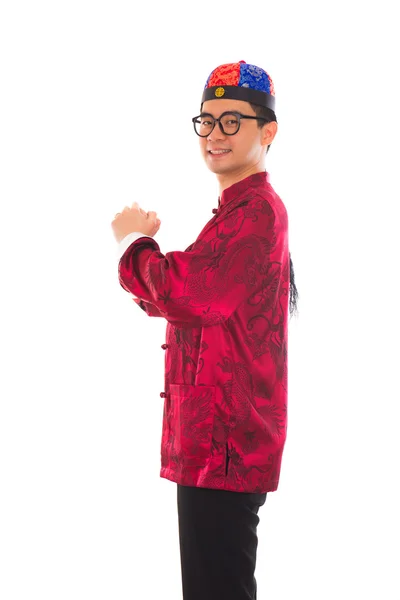 Asiatico uomo con cinese tradizionale abito cheongsam e gong xi f — Foto Stock