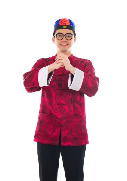 Aziatische man met chinese traditionele kleding cheongsam en gong xi f — Stockfoto