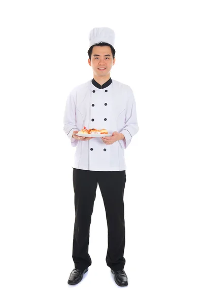 Retrato de confiante chef masculino sorrindo isolado em branco backgr — Fotografia de Stock