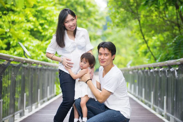 Беременная азиатка и семейное фото на открытом воздухе — стоковое фото