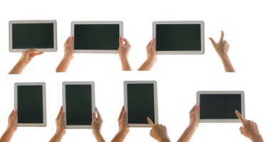 çeşitli tablet bilgisayara beyaz backgrou bir yandan da izole