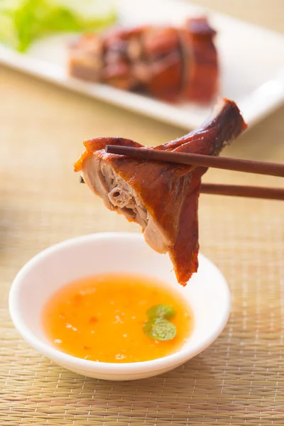 Chinese asian roast duck with chopstick and sauce — Stok Foto