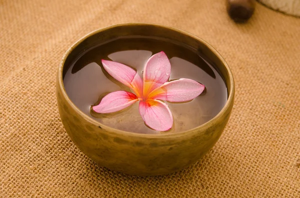 Frangipani rose avec cailloux sur tapis de bambou tissé — Photo