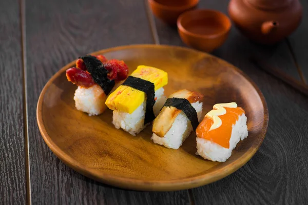 Sushi Assortment On wooden Dish, close up — Stock Photo, Image
