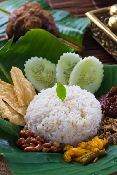 Nasi lemak, een traditionele Maleis curry plakken rijstgerecht geserveerd op — Stockfoto