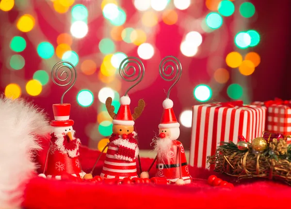 Elfes de Noël, Père Noël et bonhomme de neige jouet avec fond de lumière — Photo